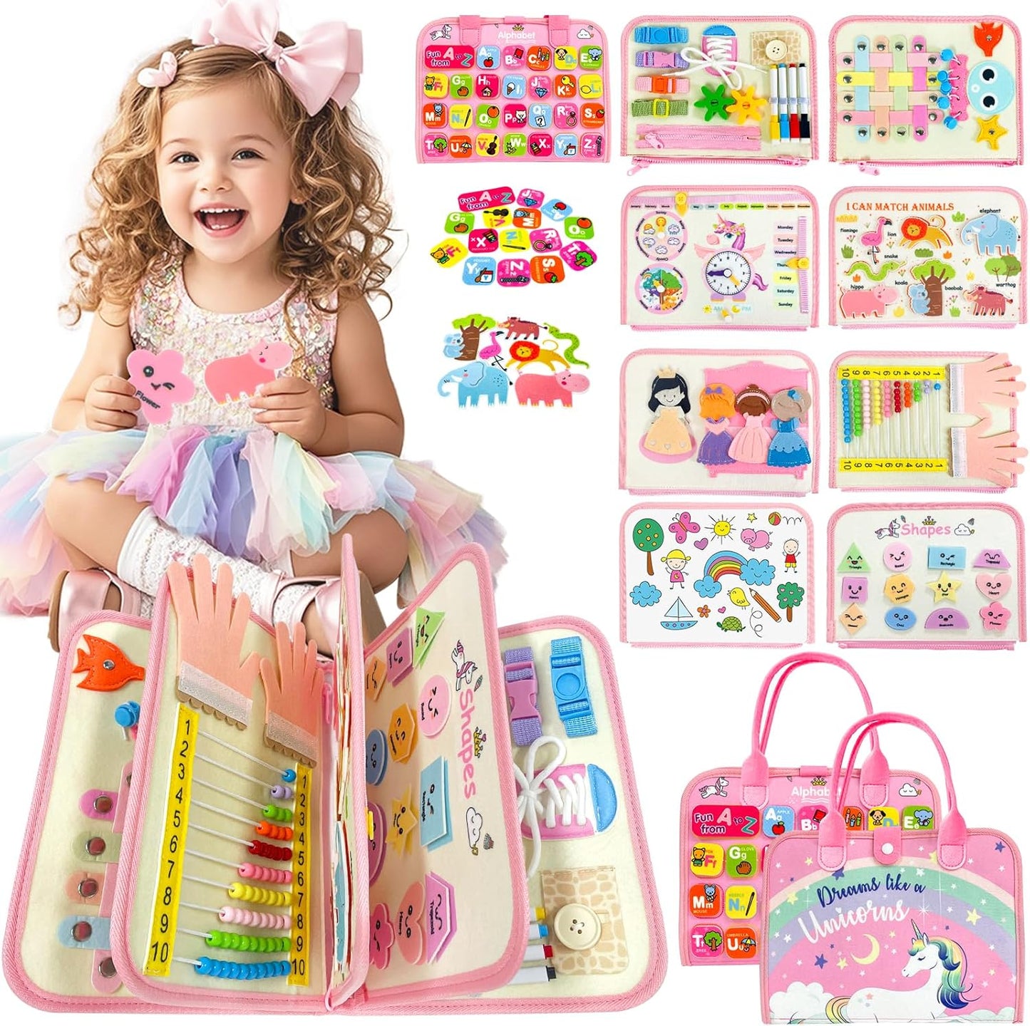 Toddler Busy Board Montessori Toys for 1 2 3 4 Year Old Girl Birthday Gift,Educational Learning Sensory Busy Book for 1-3, Airplane Car Travel Activities Toy for Two Year Old Girl(Pink)