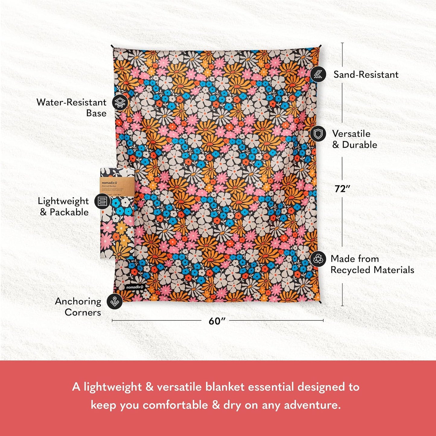 Nomadix Festival Blanket - Perfect for Picnics, Camping, & Lawn Seating - Plush Top & Water Resistant Base - Made with Post Consumer Recycled Materials - Hula Multi - 60x70