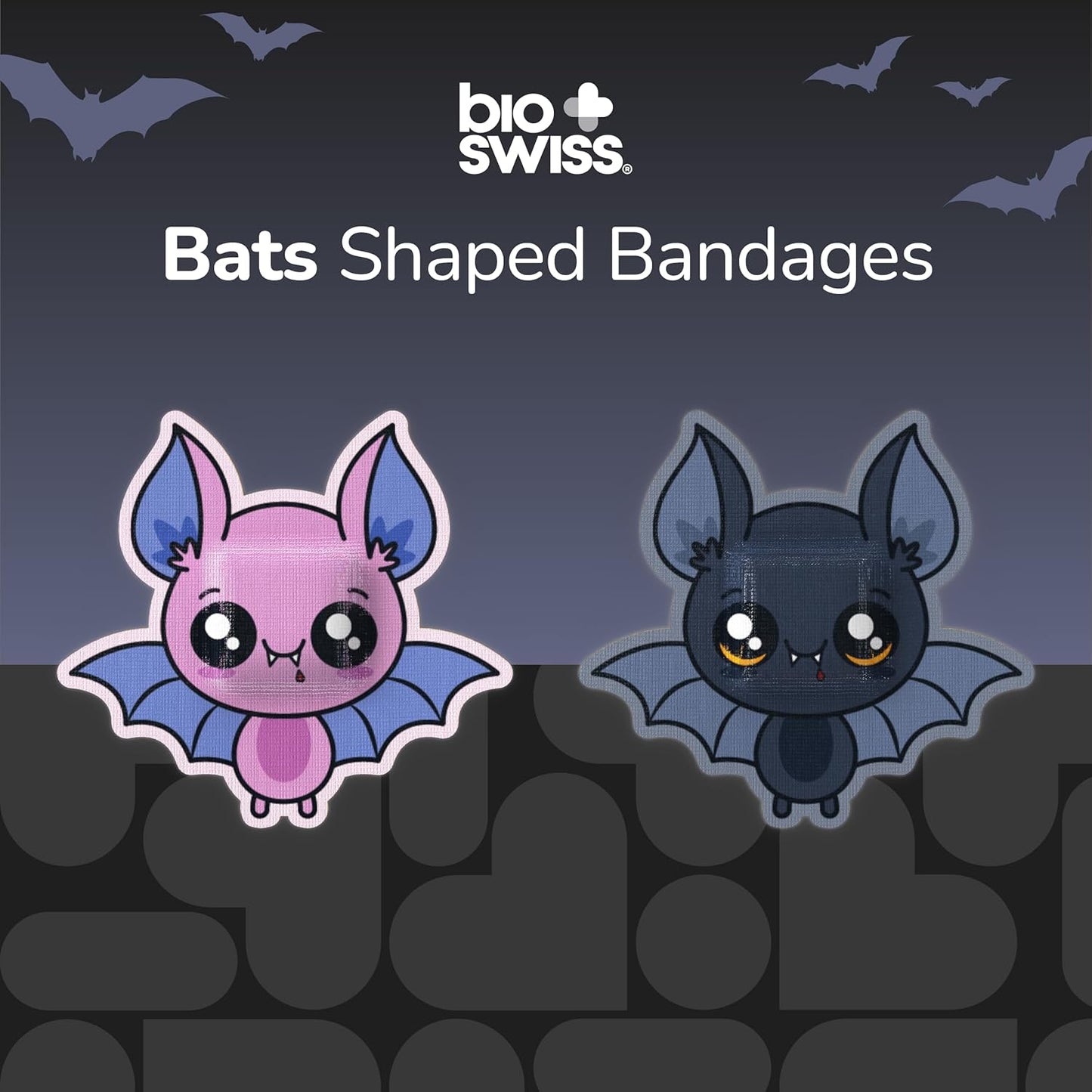 BioSwiss Bandages, Halloween Bat Shaped Self Adhesive Bandage, Latex Free Sterile Wound Care, Fun First Aid Kit Supplies for Kids, 50 Count
