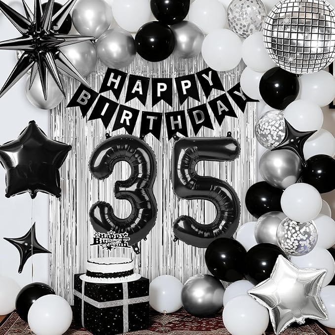 35th Birthday Decorations for Men Women, Black Silver Happy Birthday Party Decorations， 35 Year Old Party Supplies with Number 35 Balloons, Banner, Fringe Curtains Kit