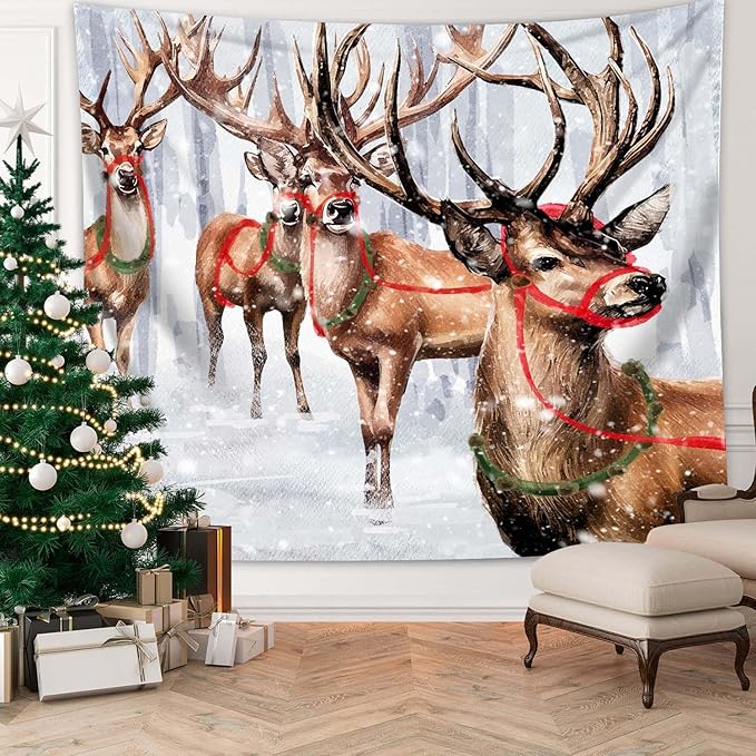 QGHOT Winter Tapestry Wall Hanging Winter Forest Backdrop Christmas Snowy Deer Wall Decor Snow Elk Tapestries for Bedroom Living Room Dorm Party Decoration