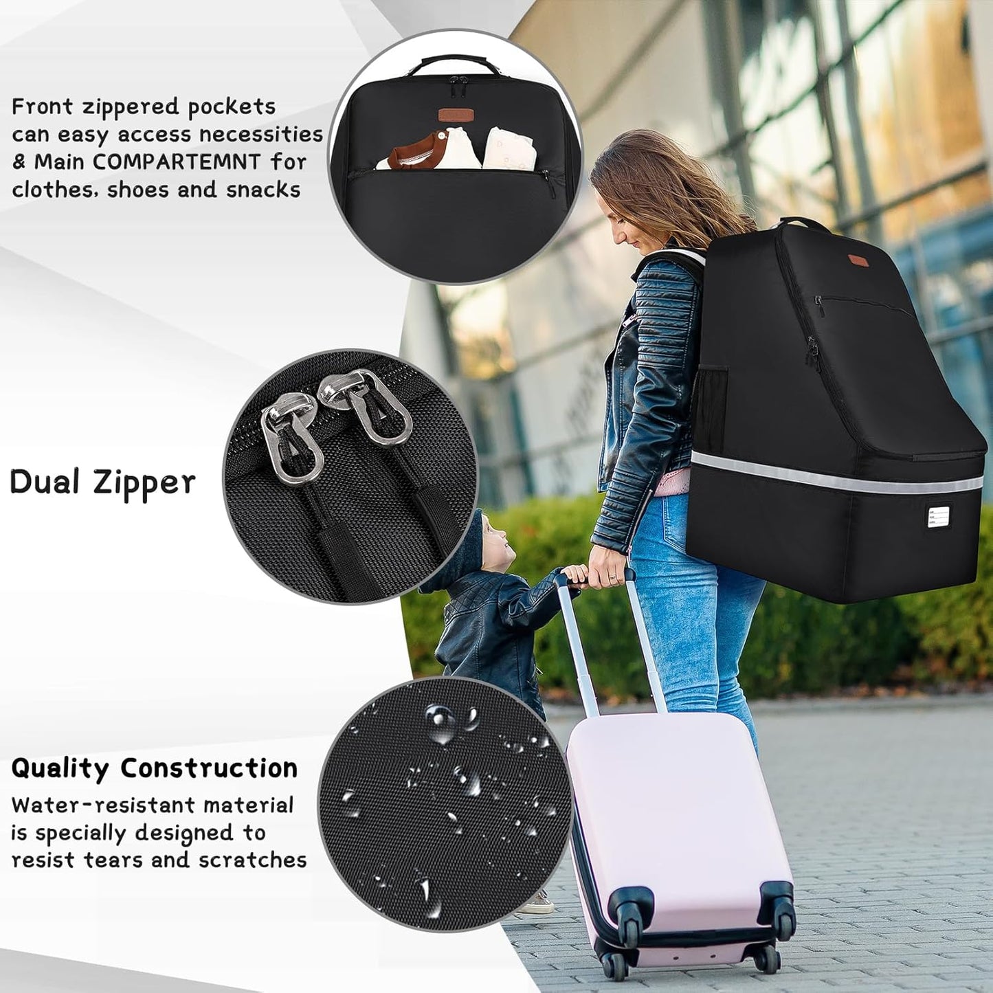 Car Seat Travel Bag,Padded Car Seats Backpack with Steel Cable Handle and Reflective Stripes, Large Durable Carseat Carrier Bag,Airport Gate Check Bag,Infant Seat Travel Bag with Shoulder Strap,Black