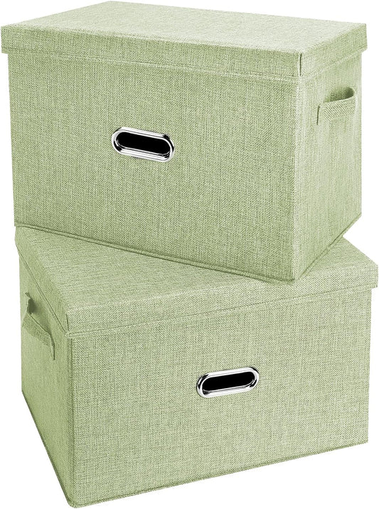 Large Linen Fabric Foldable Storage Bins with Removable Lid and Handles, Washable Storage Box Organizer Containers Baskets Cube with Cover for Bedroom,Closet,Office (Green, Large(2-Pack))