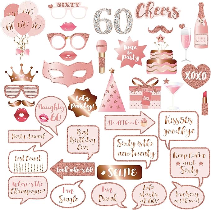60th Birthday Party Photo Booth Props and Signs, Rose Gold 60 Birthday Party Selfie Props Kit with Sticks for Girls Women, Sixty 60th Happy Birthday Party Decorations Supplies Favors