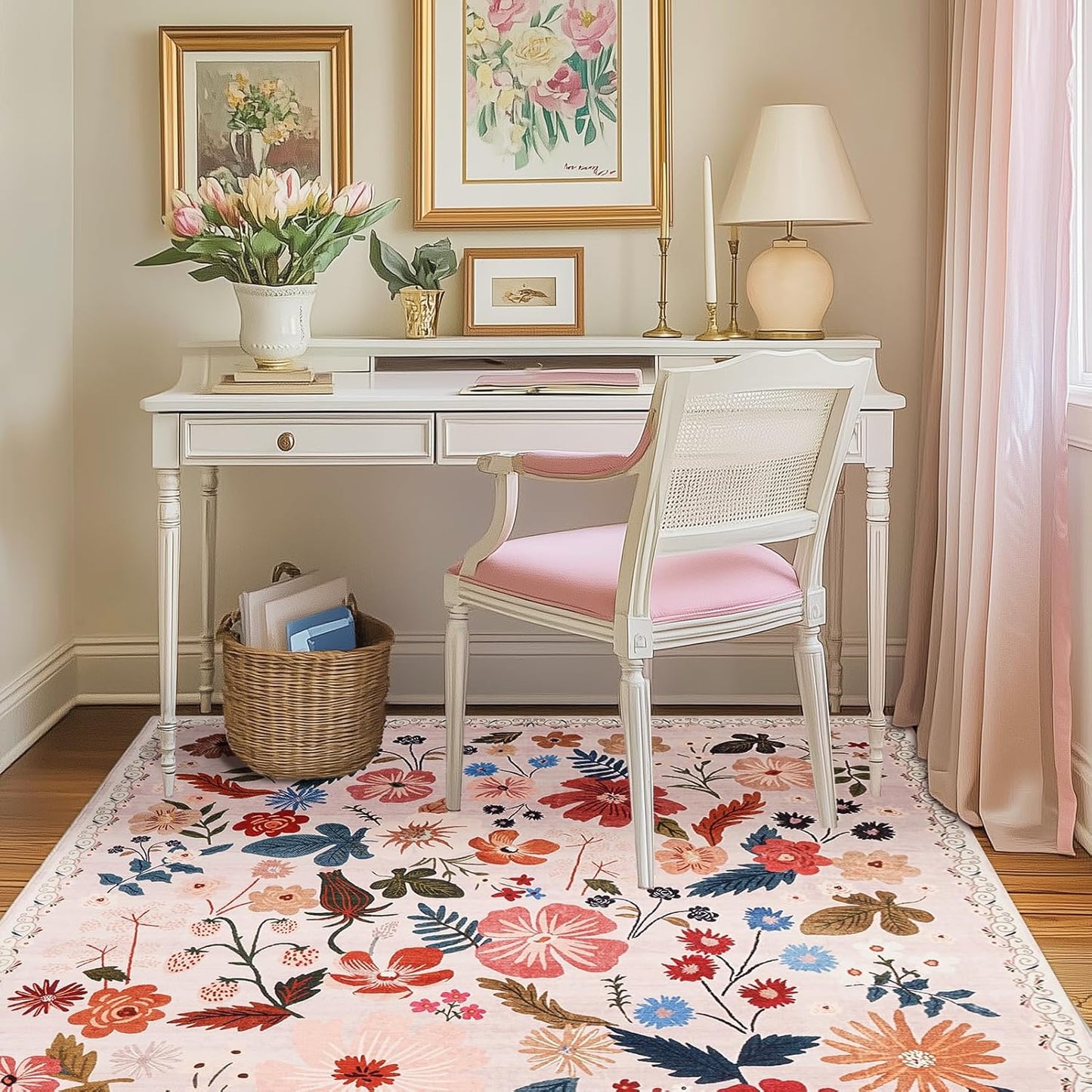 5x8 Boho Floral Area Rugs Soft Washable Stain Resistant Indoor Floor Carpet Rug Vintage Beige Low Pile Non Slip Rug Spring Farmhouse for Living Room Bedroom Dining Room Playroom Nursery Family Room