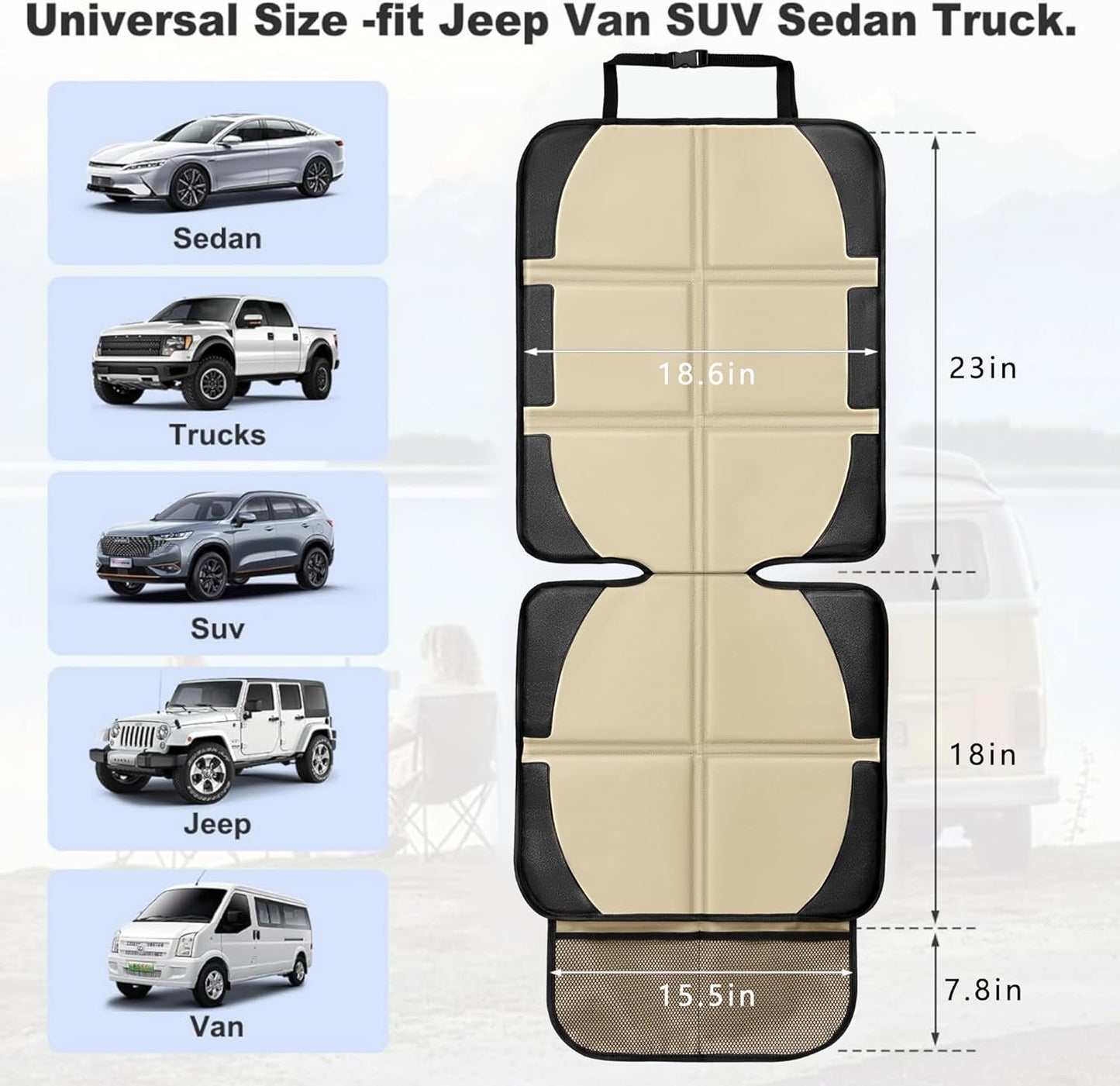 Car Seat Protector for Child Car Seat, 2 Pack Baby Car Seat Covers with Mesh Pockets & Non-Slip Backing 600D Durable Seat Protector Under Baby Car Seat for Car Back Seat (Beige, Large)