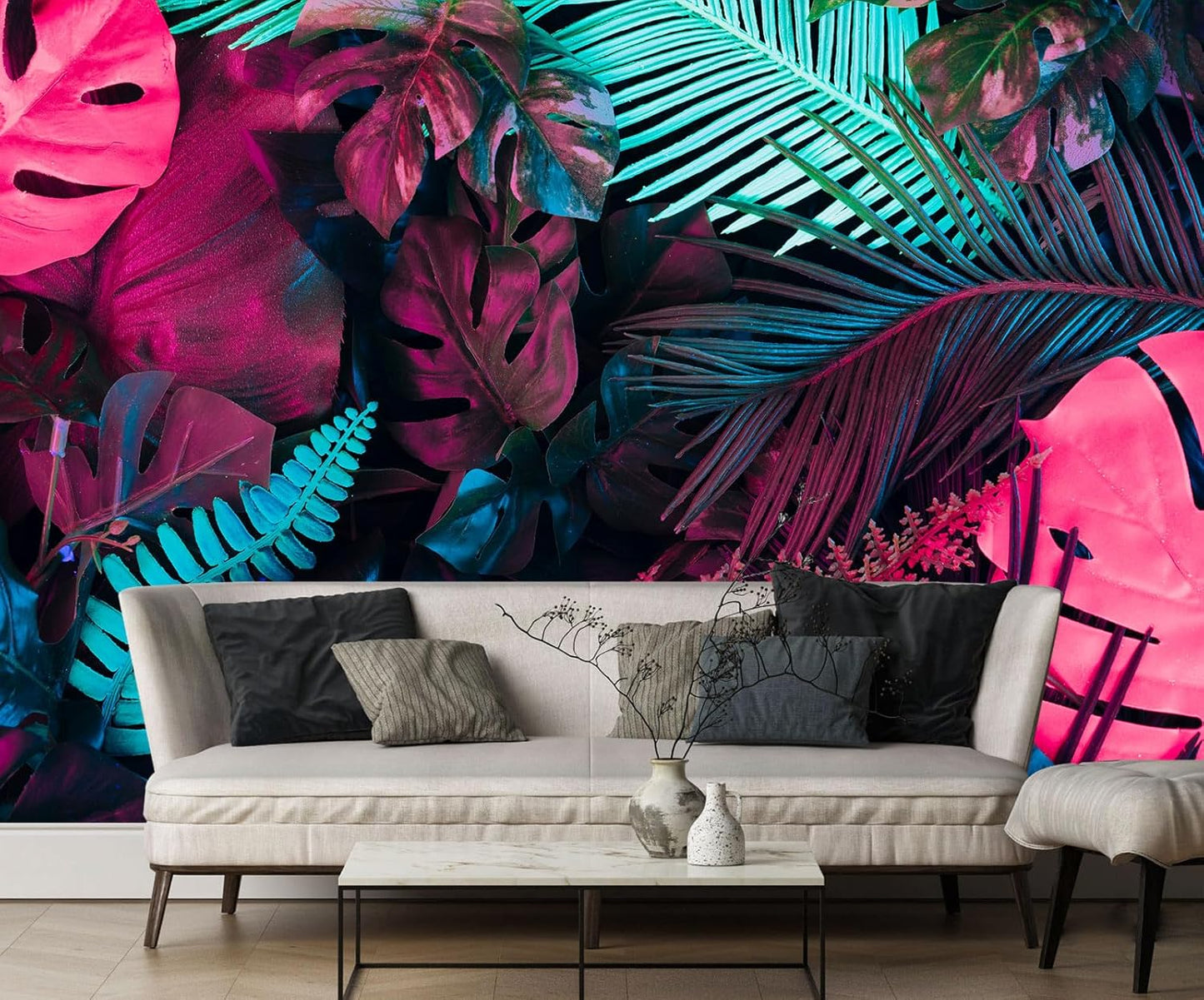 Tropical Plant Rose Red Banana Leaf Fabric Wallpaper Mural for Bedroom Living Room Basement(Not Self-Adhesive)