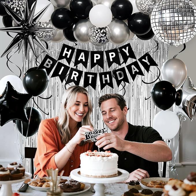 38th Birthday Decorations for Men Women, Black Silver Happy Birthday Party Decorations， 38 Year Old Party Supplies with Number 38 Balloons, Banner, Fringe Curtains Kit