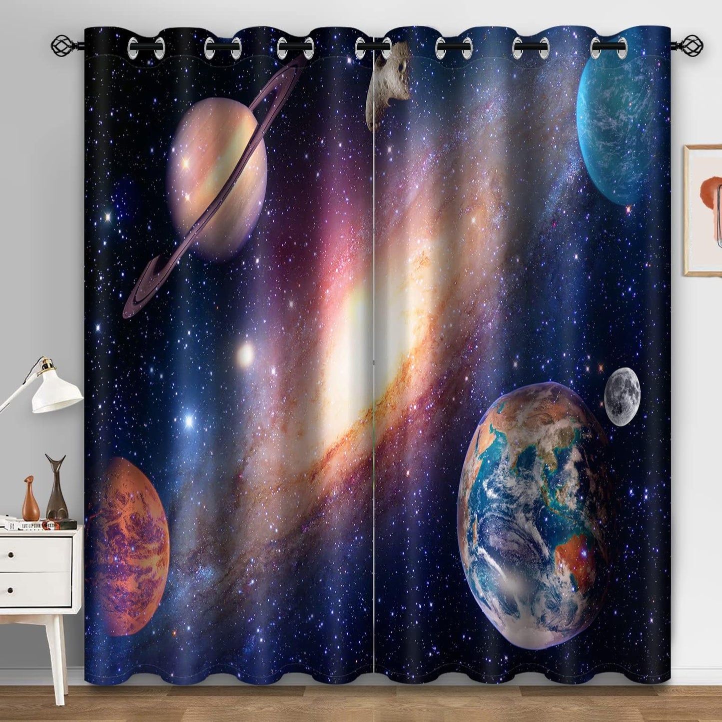 Aimego Galaxy Blackout Curtains for Boys Room - Room Darkening Curtains Outer Space Universe Nebula Starry Solar Planet Window Drapes Decor for Bedroom Living Room Grommet 2 Panel Set, 52"X84"