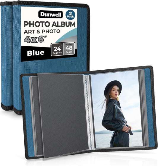 Dunwell Small Photo Album 4x6 (2-Pack, Blue), Mounting Paper, 4 x 6 Photo & Art Portfolio Presentation Book, 24 Pockets Display 48 Pages, Professional Mini Picture Book for Artwork, Postcards