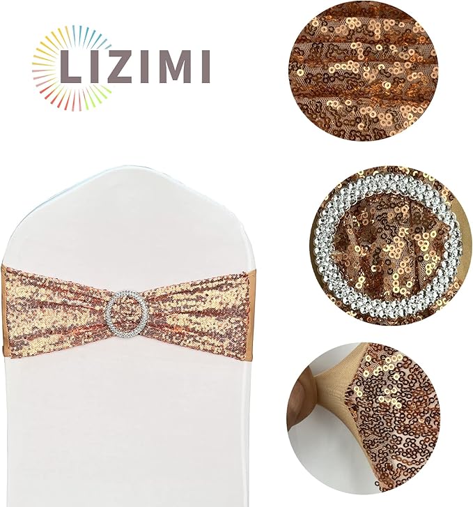 25 Pcs Chair Sashes Sequin Stretch Chair Bands Spandex Polyester Bows for Party Hotel Wedding Banquets Decoration - Rose Gold