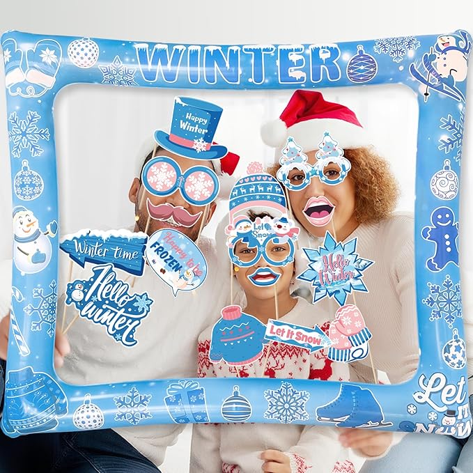 Winter Photo Booth Props Inflatable Frame, 30Pcs Winter Wonderland Photo Props with Inflatable Picture Frame Large for Frozen Holiday Party Selfie Supplies