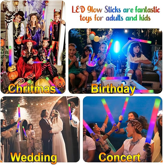 LifBetter Light Up Glow Sticks Bulk, LED Foam Sticks in The Dark with 3 Modes Flashing Led Foam Multicolor Batons Light up Party Favors for Birthdays, Weddings, Concerts, Festivals (30pcs)
