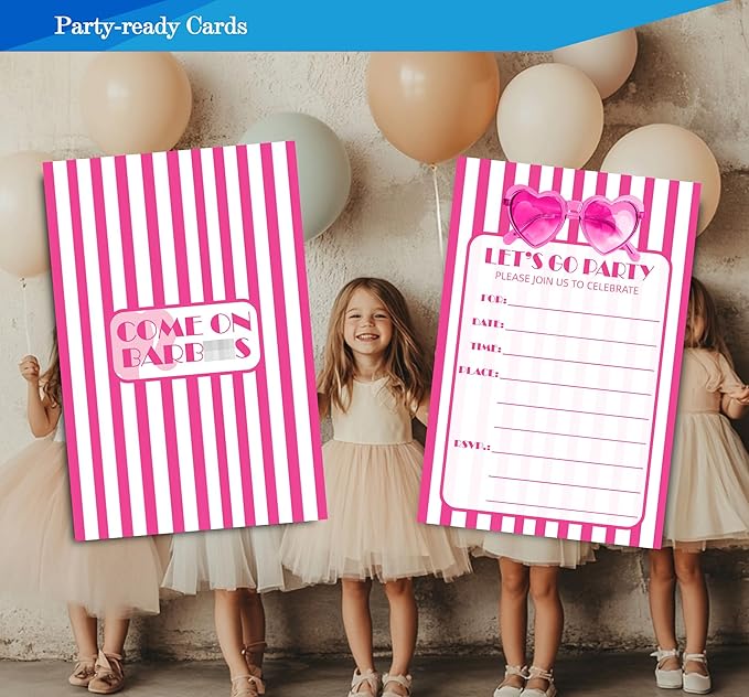 Pink Girl Birthday Invitations for Girls, Girls Pink Birthday Party Invitaions for Party Invites, 4x6 Inches, 30 Sets with Envelopes
