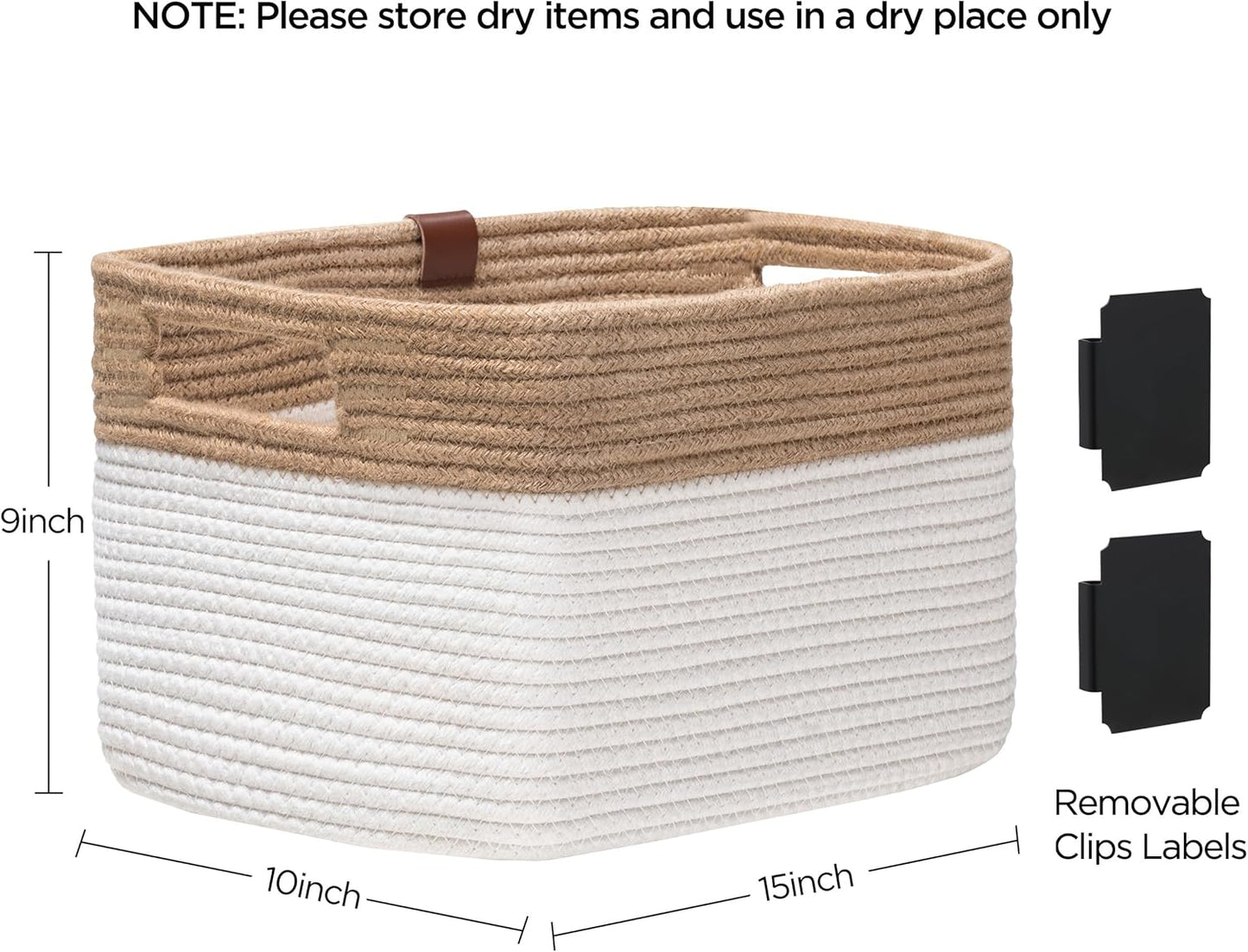 UBBCARE 2 Pack Baskets for Organizing, Woven Storage Baskets with Label for Toys and Towel, Rectangle Cotton Rope Basket with Handles, 15''L x10''W x9''H, Jute&White