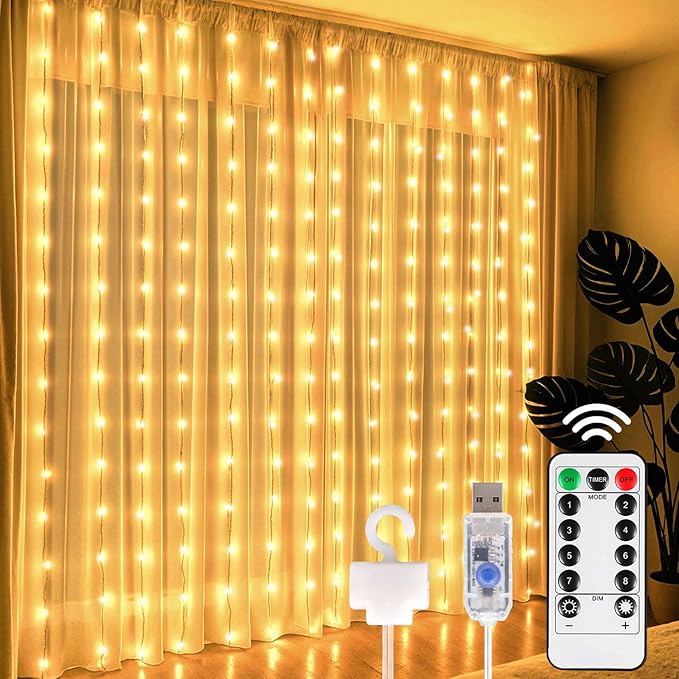 DomeStar 300 LED Curtain Lights for Bedroom, 9.8 x 9.8 FT Battery Operated Lights with 8 Modes Remote Christmas Hanging Wall Window Garden Decor (Warm White)
