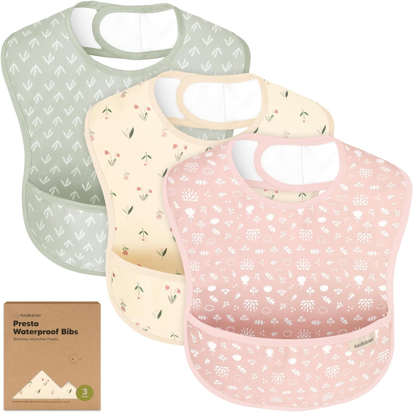 3-Pack Waterproof Baby Bibs for Eating - Lightweight Toddler Feeding Bibs with Large Food Catcher, Mess Proof, Food-Grade Baby Eating Essentials, Easy to Put On & Clean (Fleur)
