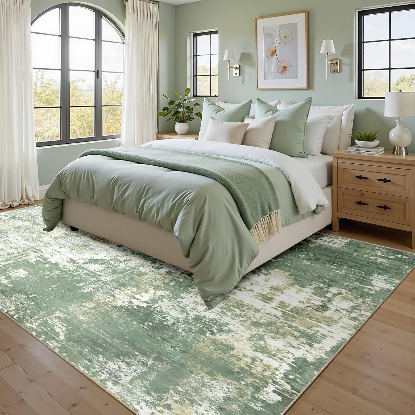 Washable Area Rugs 5'x7' Non-Slip Modern Abstract Soft for Living Room Entryway Bedroom Nursery, Print Pattern, Light Green/Yellow