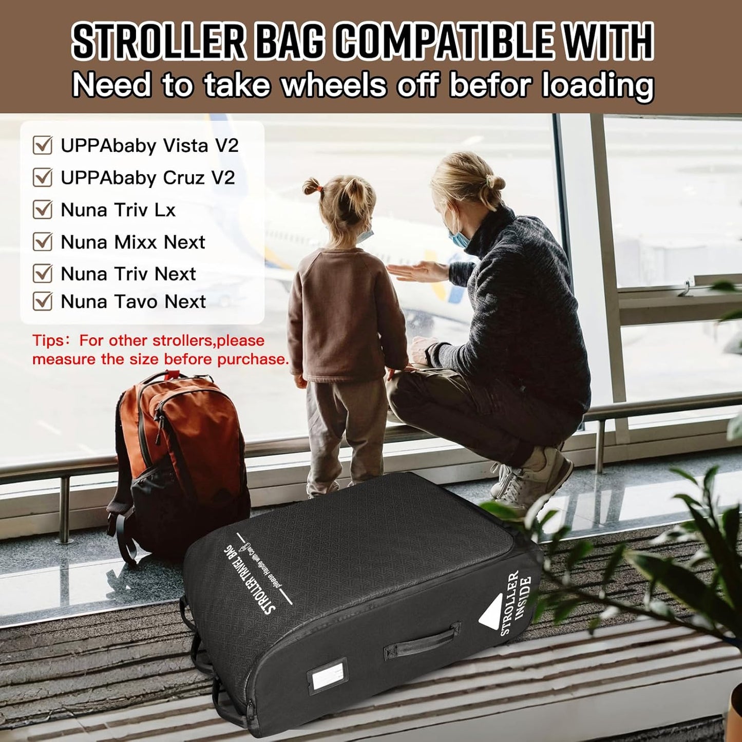 RAYMACE Padded Stroller Travel Bag for Airplane,Stroller Gate check bag with Wheels Compatible with UPPAbaby Vista,Vista V2,Cruz,Cruz V2, Travel Safe Protection Storage Bag,Patterned Design,Black
