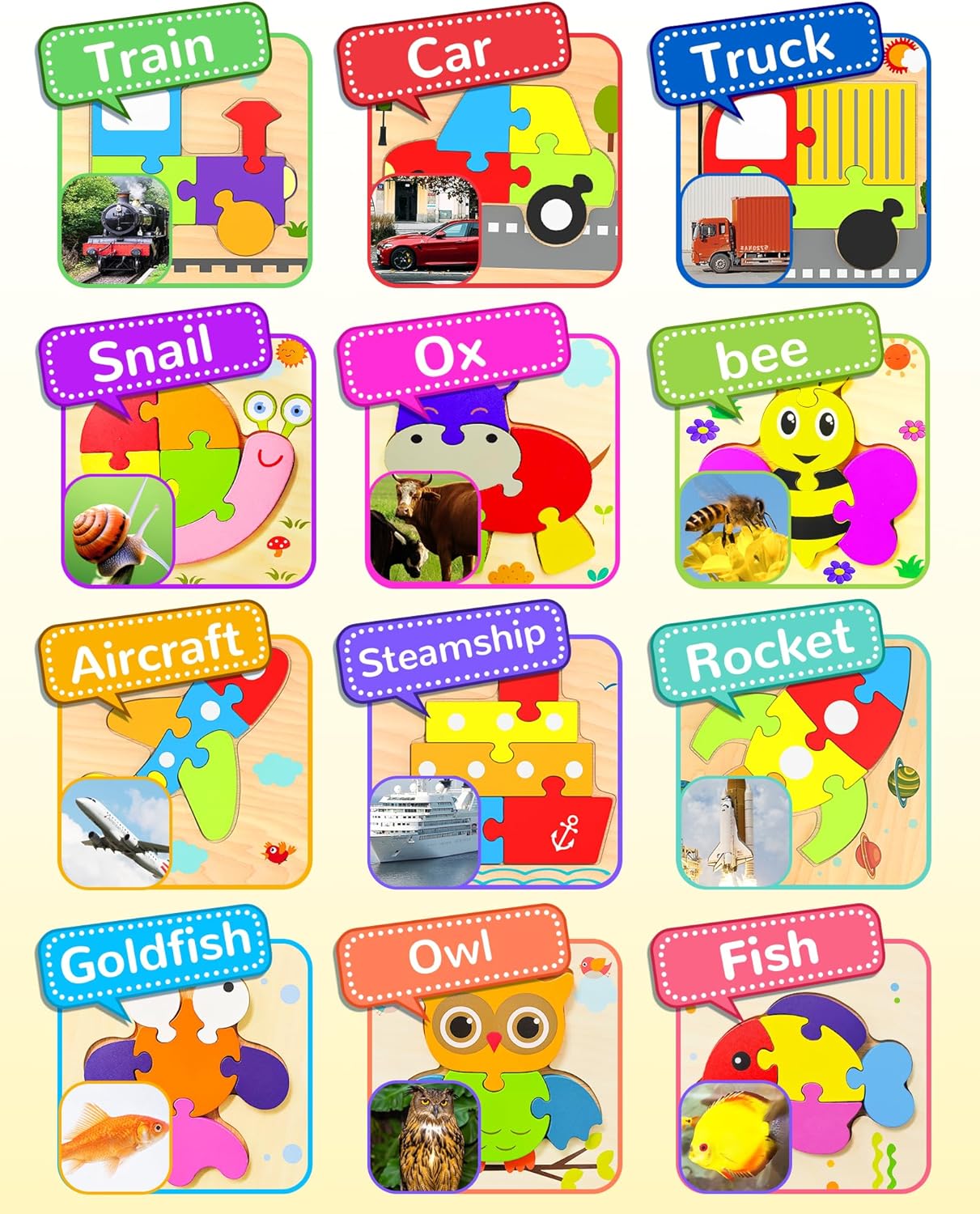 Yetonamr Wooden Toddler Puzzles Gifts Toys for 1 2 3 Years Old Boys Girls, 12 Vehicle Shape Montessori Toy Educational Blocks Kids Toys Gift Baby Learning Toy Age 1-3, 2-4