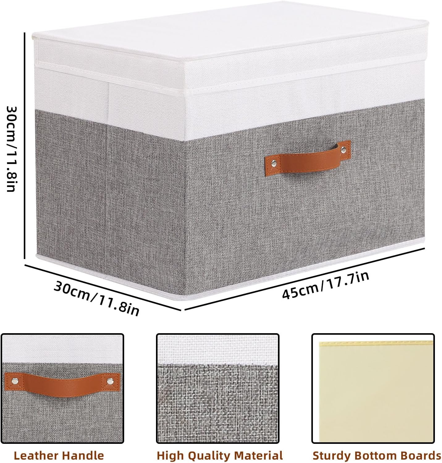 Fabric Storage Boxes with Lids, Linen Foldable Cloth Baskets, 17.7 x 11.8 x 11.8 Inch Closet Organizer Containers with Double Handles, Sweater Bins for Bedroom, White and Grey, 5 Pack