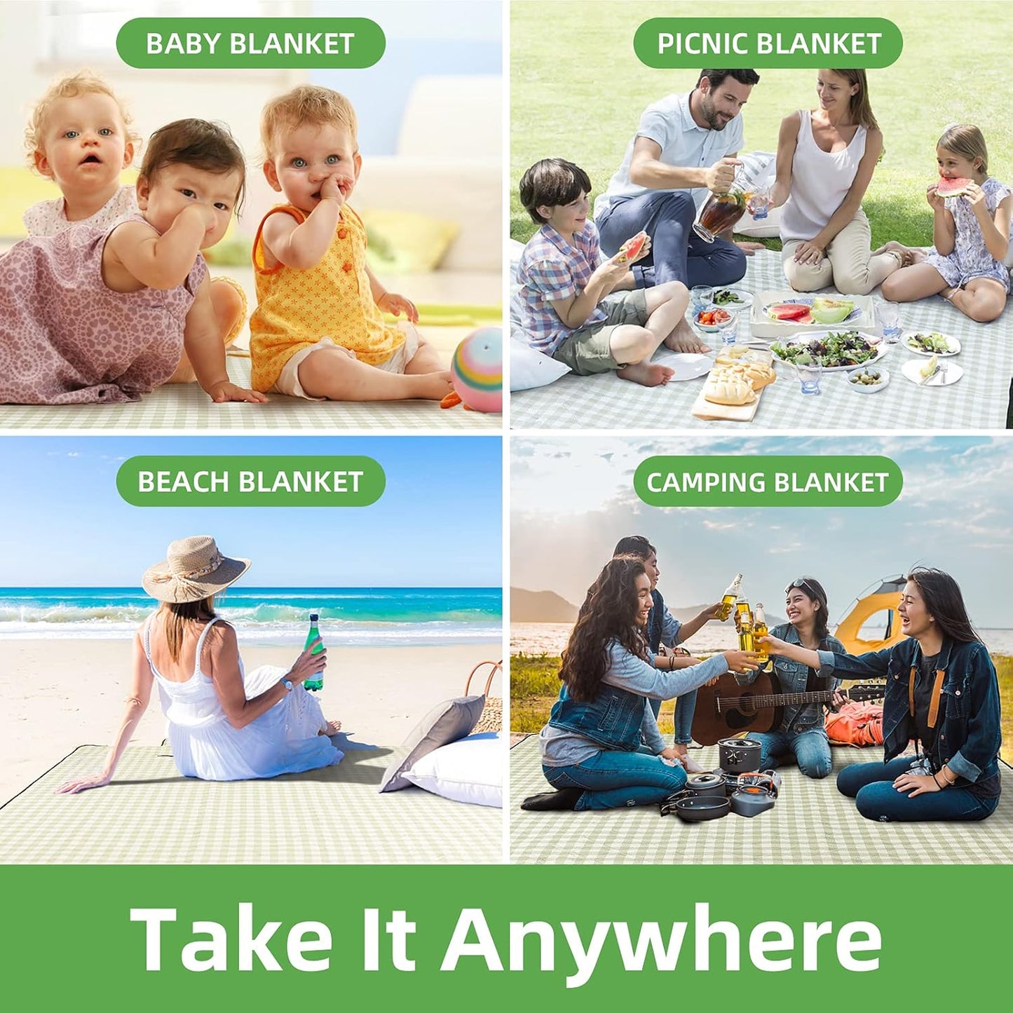 ZAZE Extra Large Picnic Outdoor Blanket, 80''x80'' Waterproof Foldable Blankets Gingham Picnic Mat for Beach, Camping Grass Lawn Park Accessories Cute Couple Gifts Ideas Wedding Registry(Green White)