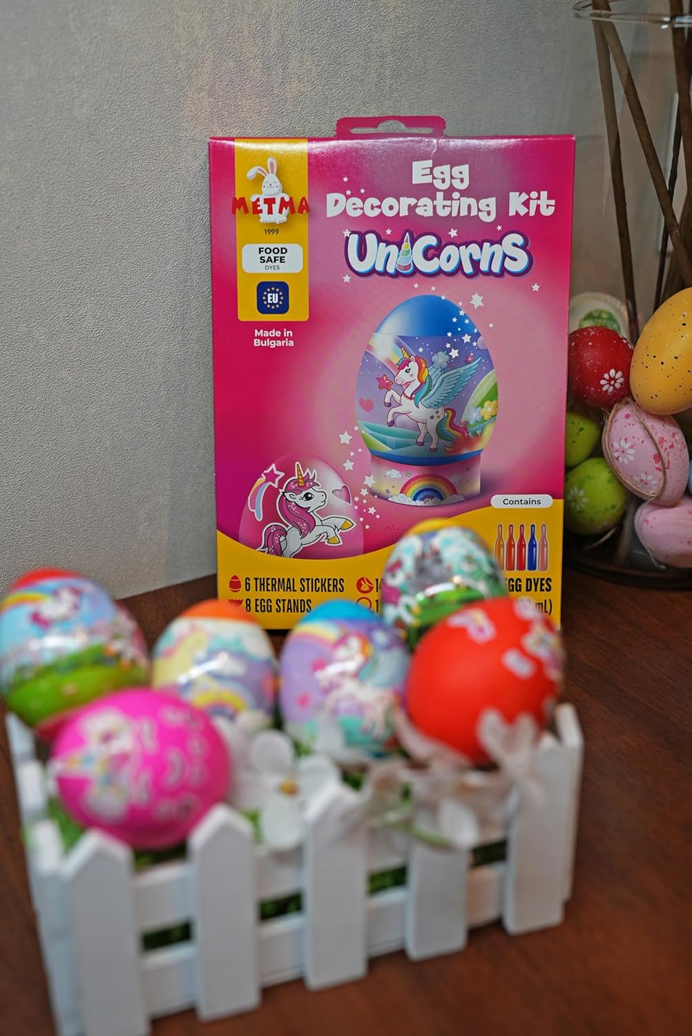 METMA 1999 Egg Decorating Kit Unicorns - Complete Decorative Eggs Set with Liquid Dyes, Stickers, Egg Spinner, and More - Fun Easter Egg Dye Kit Arts and Crafts for Kids