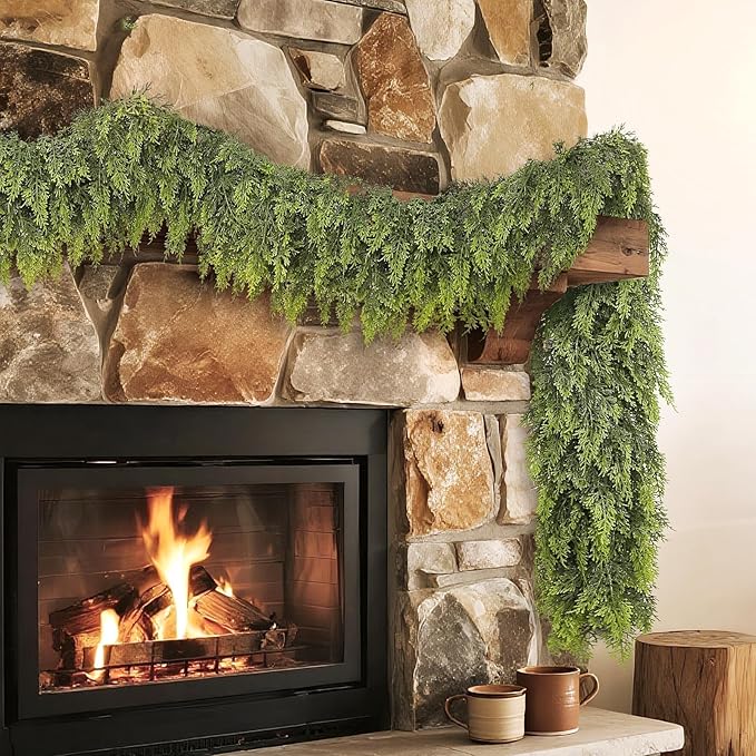 Real Touch Cedar Garland - Artificial Christmas Garlands Faux Green Cedar Fake Pine Needles Garland for Fireplace,Table, Stairs, Mantle, Window,Indoor Outdoor,Home,Holiday Decor(2 PCS,5 FT)