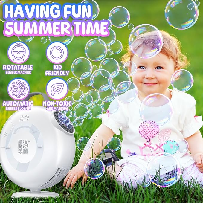 Bubble Machine, Automatic Bubble Blower for Kids Toddlers, 8000+ Bubbles Per Minute, 90° 200° Oscillating Electric Plug-in or Batteries Bubble Maker Toys for Outdoor Birthday Party - White