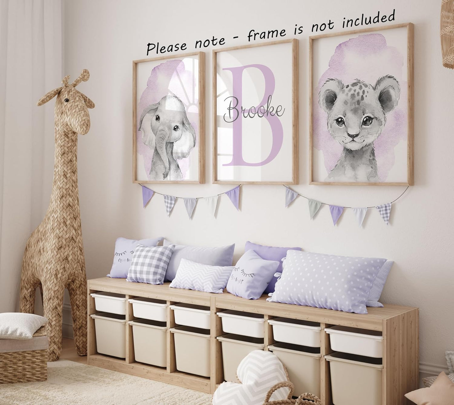 Safari Animals Set of 3 Unframed Poster Prints for Baby Girls Nursery Bedroom Playroom, Personalized Name, Choice of 12 Animals, Pink Purple (11x14)