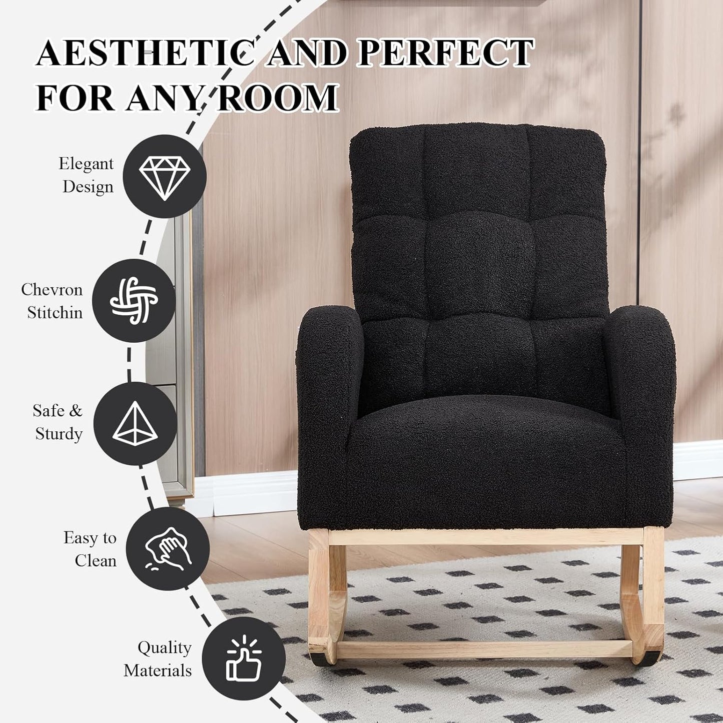NIOIIKIT Nursery Rocking Chair, Teddy Upholstered Glider Chair with Side Pocket, Glider Rocker Chair with Tufted Back, Comfy Accent Nursing Chair for Living Room (Black Retro)