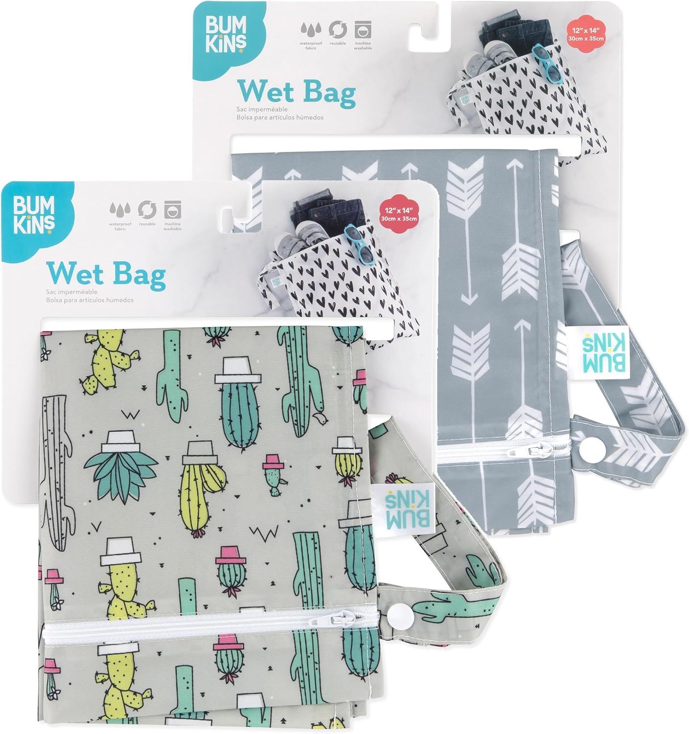 Bumkins - Waterproof Wet Bag - For Baby, Travel, Swim Suit, Cloth Diapers, Pump Parts, Pool, Gym, Toiletry, Strap to Stroller - Reusable & Easy to Clean - 2pk - Cactus & Arrows