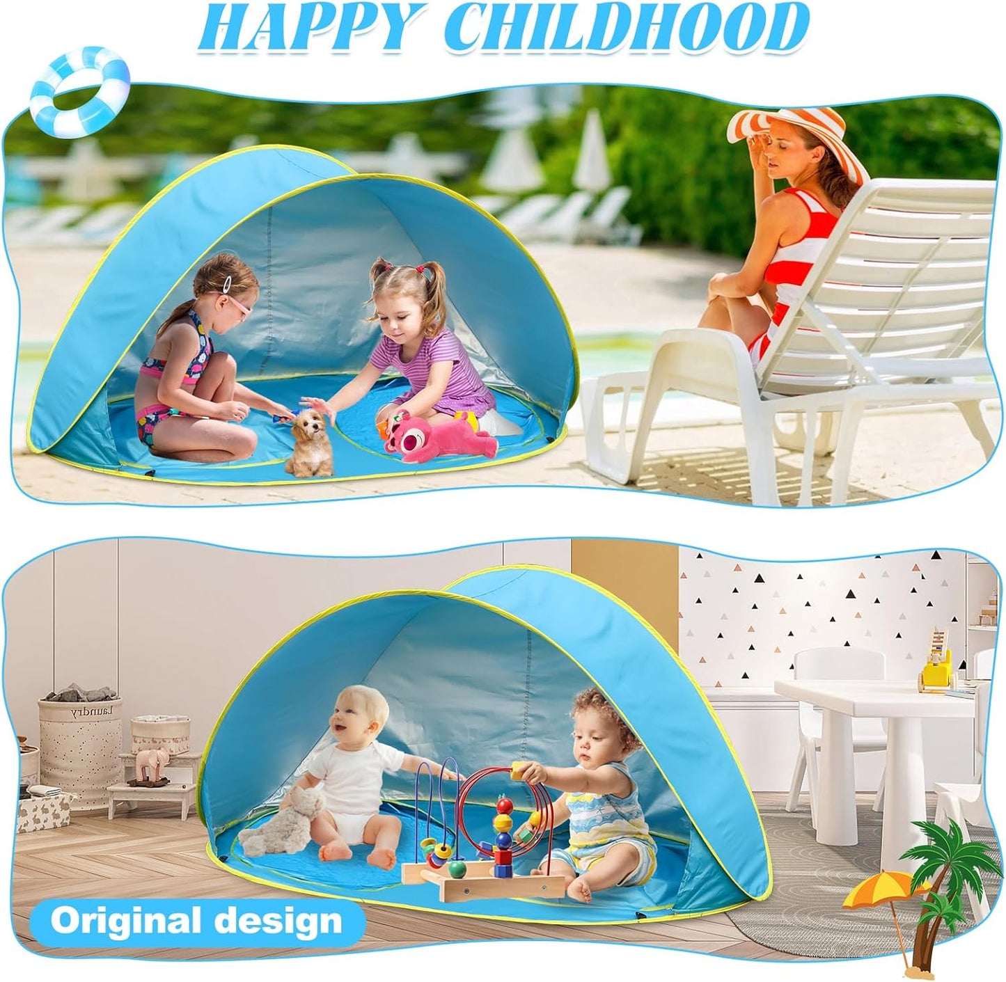 Baby Beach Tent-2 Pools Pop Up UPF 50+ Sunshade with Carry Bag, Portable for Travel,Beach,Camping,Indoor