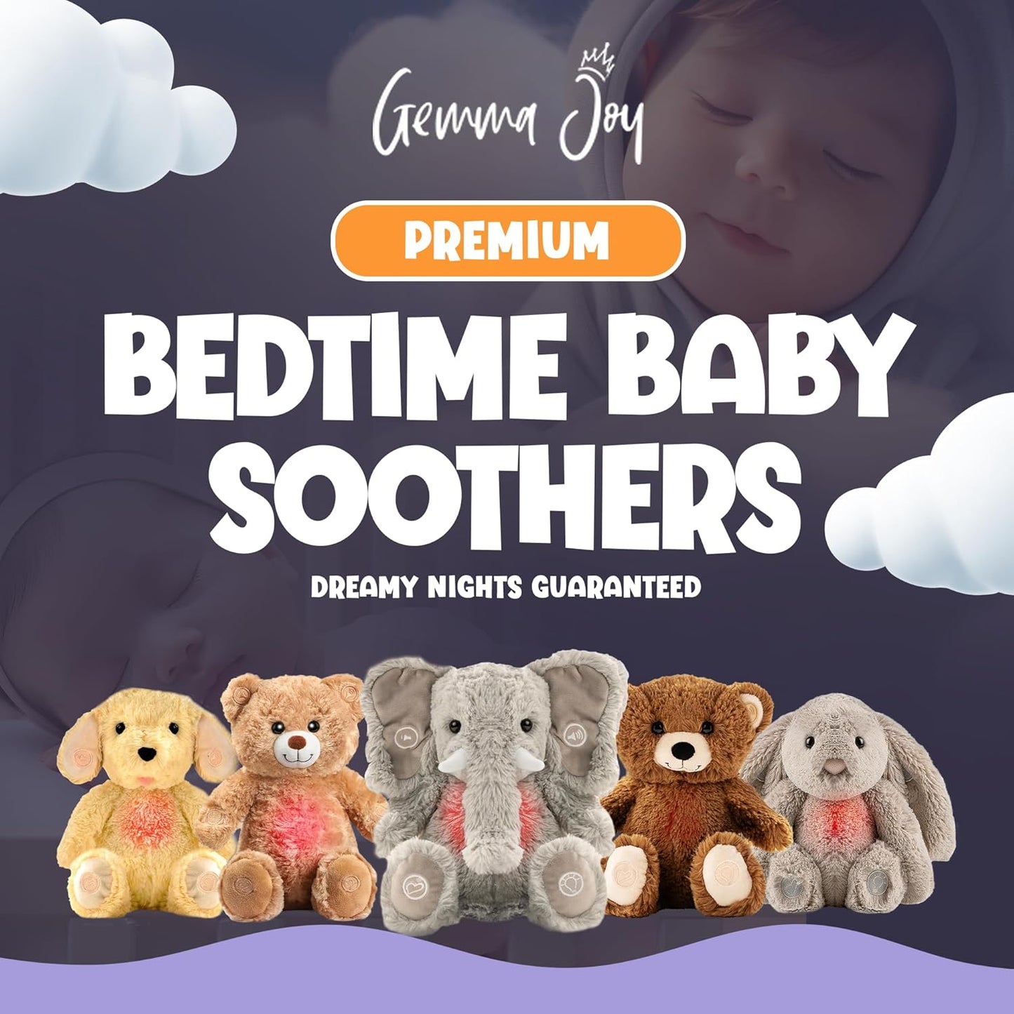 Gemma Joy Bedtime Baby Soothers for Sleep, Cry Activated Heartbeat Stuffed Animal for Baby, Newborn, Calming Light, Lullaby Music, White Noise, Shush and Mother’s Heartbeat - (Elephant, Rechargeable)