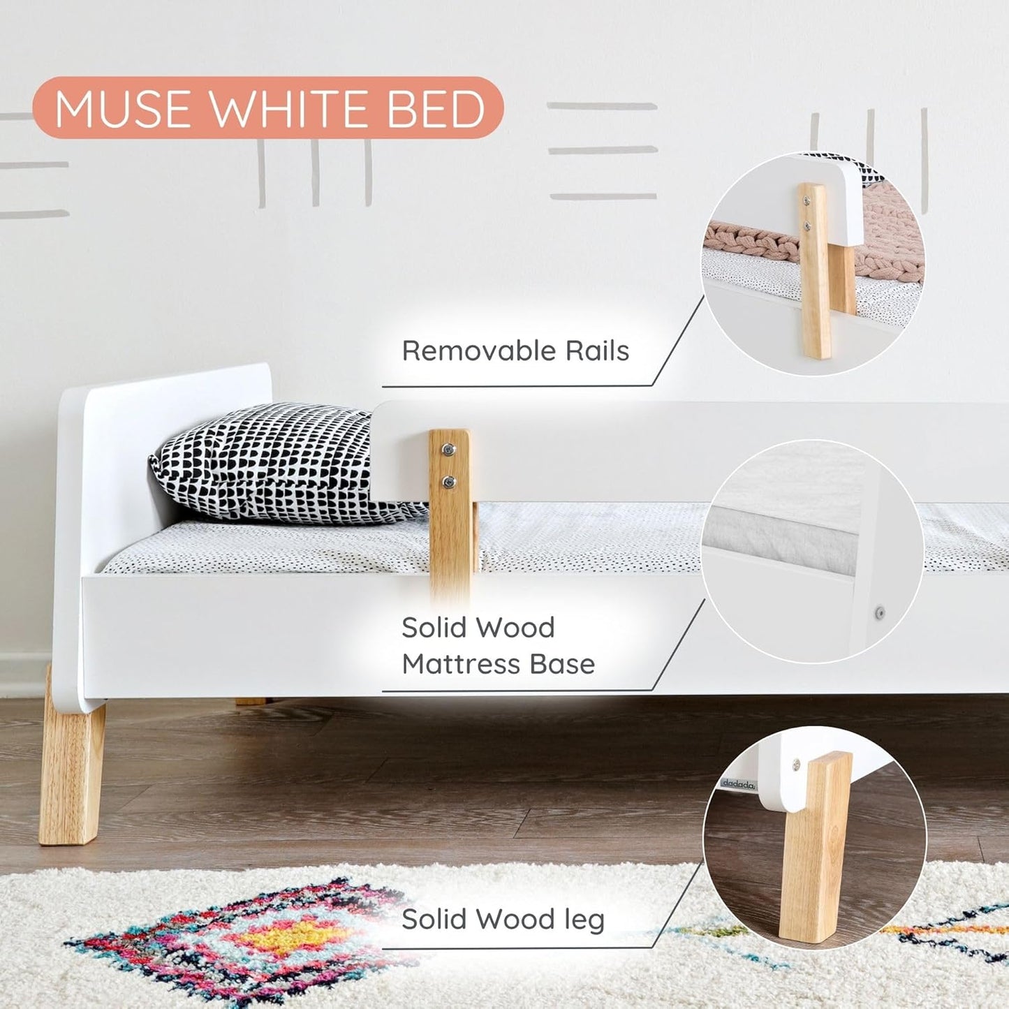 Dadada Muse Toddler Bed with 2 Removable Safety Rails. Low Profile Montessori Bed for Kids. Sturdy Solid Wood Frame, Fits Standard Crib Mattress, Easy to Assemble, Toddler Bed for Boys & Girls - White