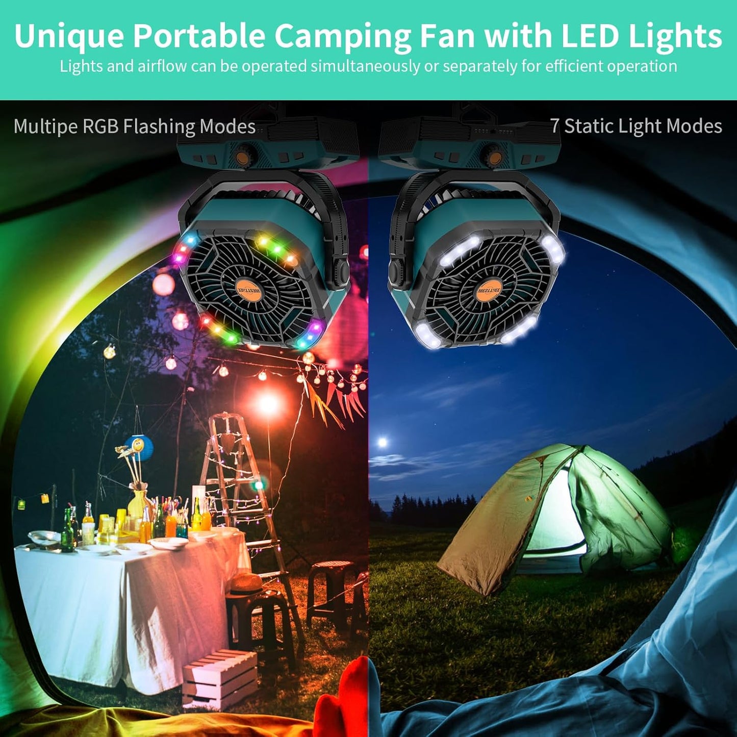 Camping Fan Portable 20000mAh Oscillating Battery Powered Fan Rechargeable Camping essentials Tent Light Hook 270° Pivot Battery Operated USB Desk X68 Cyan