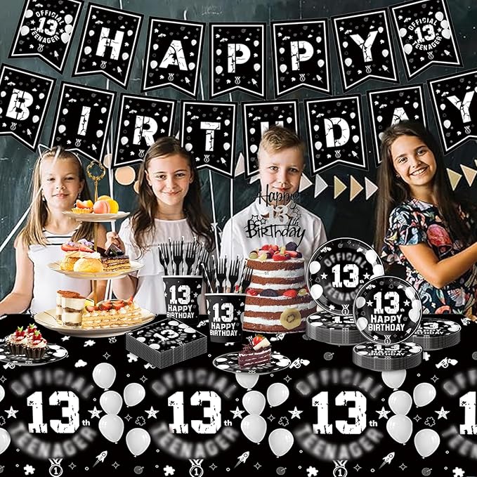 123pcs 13th Party Decorations,13th Silver Black Birthday Banner,Flags,Paper,cups,Straws,Forks,Cake Toppers,Dessert plates,Tablecloths and dinner plates,Officially a Teenager 13th Birthday Supplies