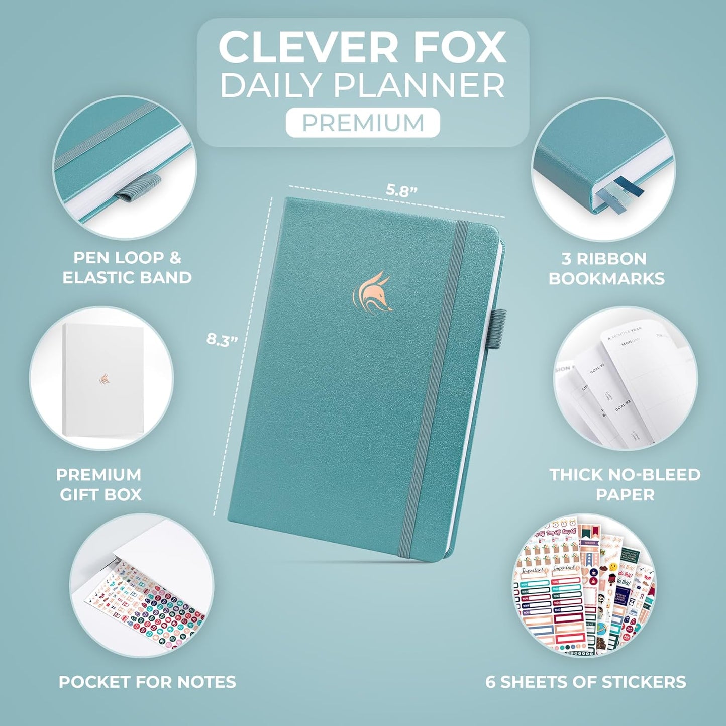 Clever Fox Planner Daily Premium – Undated Daily Planner with Hourly Schedule, Personal Organizer, Productivity Journal, 6 Months (Aquamarine)