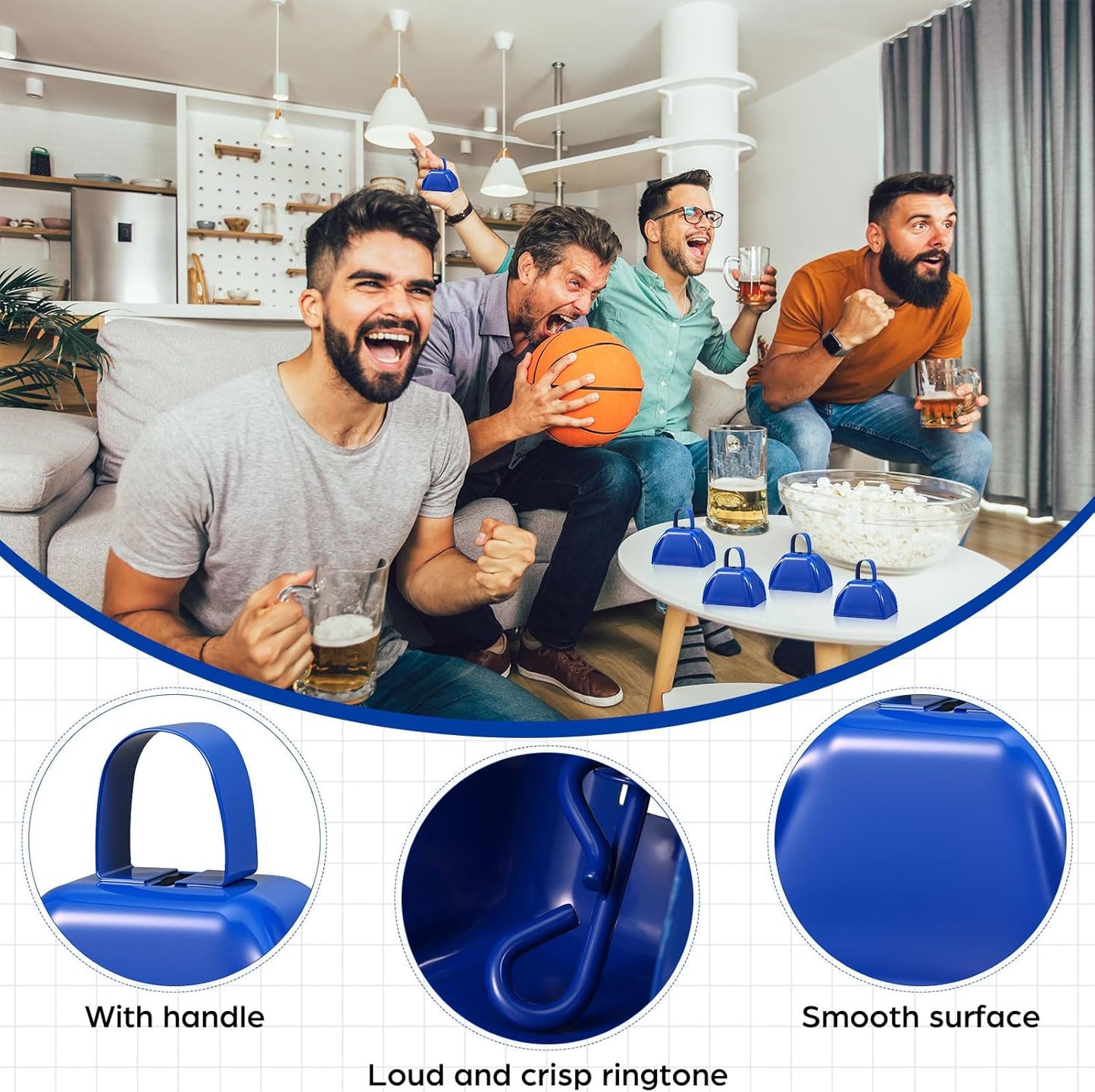 6 Pcs 3 Inch Metal Cowbells Noise Maker Hand Percussion Cow Bells with Handles for Sporting Events Cheering Noisemakers Weddings Team Spirit Sports Party Favors (Blue)