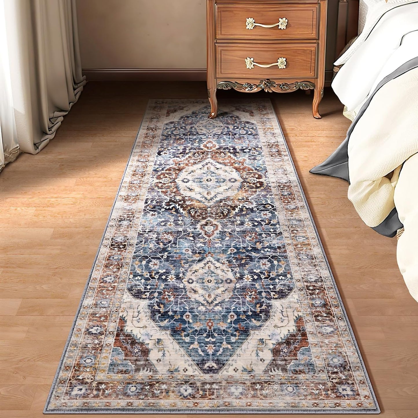 Deerly 2x7ft Bohemian Kitchen Runner Rug - Floral Design, Soft Low Pile, Non-Slip, Border Brown/Navy Blue