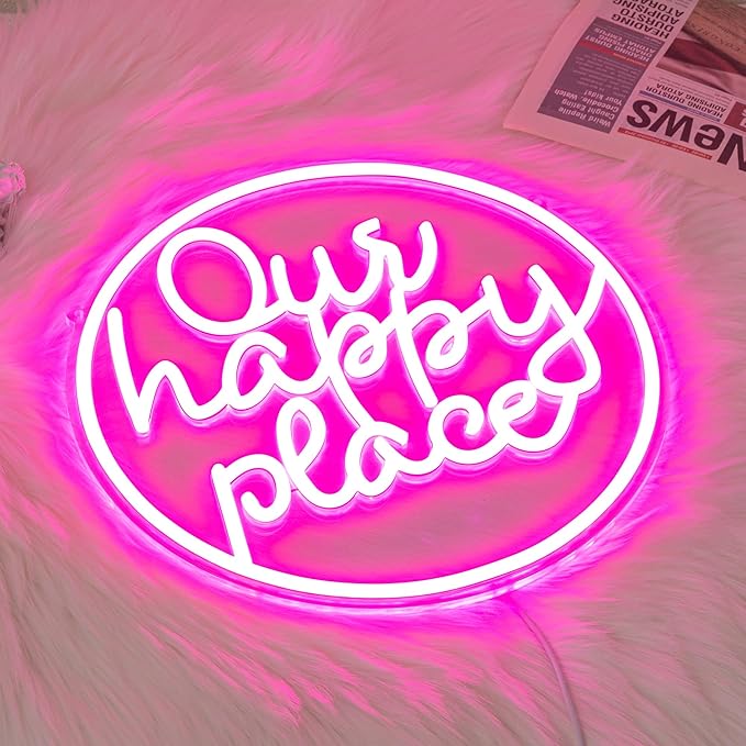 "Our happy place" Neon Sign Happy Place Neon Light for Wall Decor Letter Neon Signs Pink LED Neon Sign Round LED Neon Light for Bedroom Bar Party Birthday Club Decor