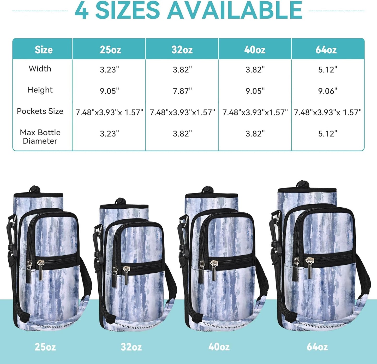 25/32/40/64oz Water Bottle Bag Holder Carrier-Insulated Crossbody Sling Case Sleeve with Strap & Pockets for Men Women Gym Cycling Travel Walking Hiking Camping