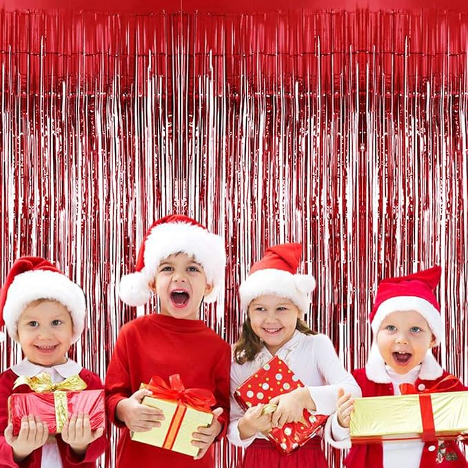 BTSD-home Red Foil Fringe Curtain, Metallic Photo Booth Backdrop Tinsel Door Curtains for Wedding Birthday Bridal Shower Baby Shower Bachelorette Christmas Party Decorations(4 Pack, 8ft x 3ft)