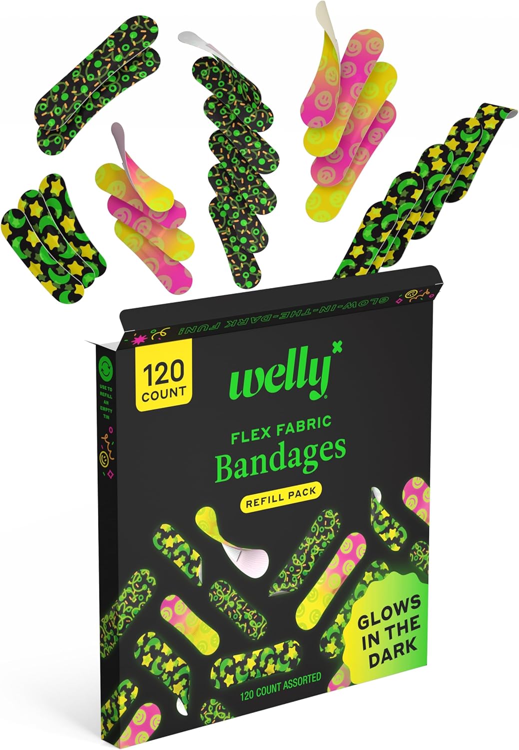 Welly Bandage Glow-in-The-Dark Refill Pack | Adhesive Flexible Fabric Bandages | Assorted Shapes and Patterns for Minor Cuts, Scrapes, and Wounds - 120 Count