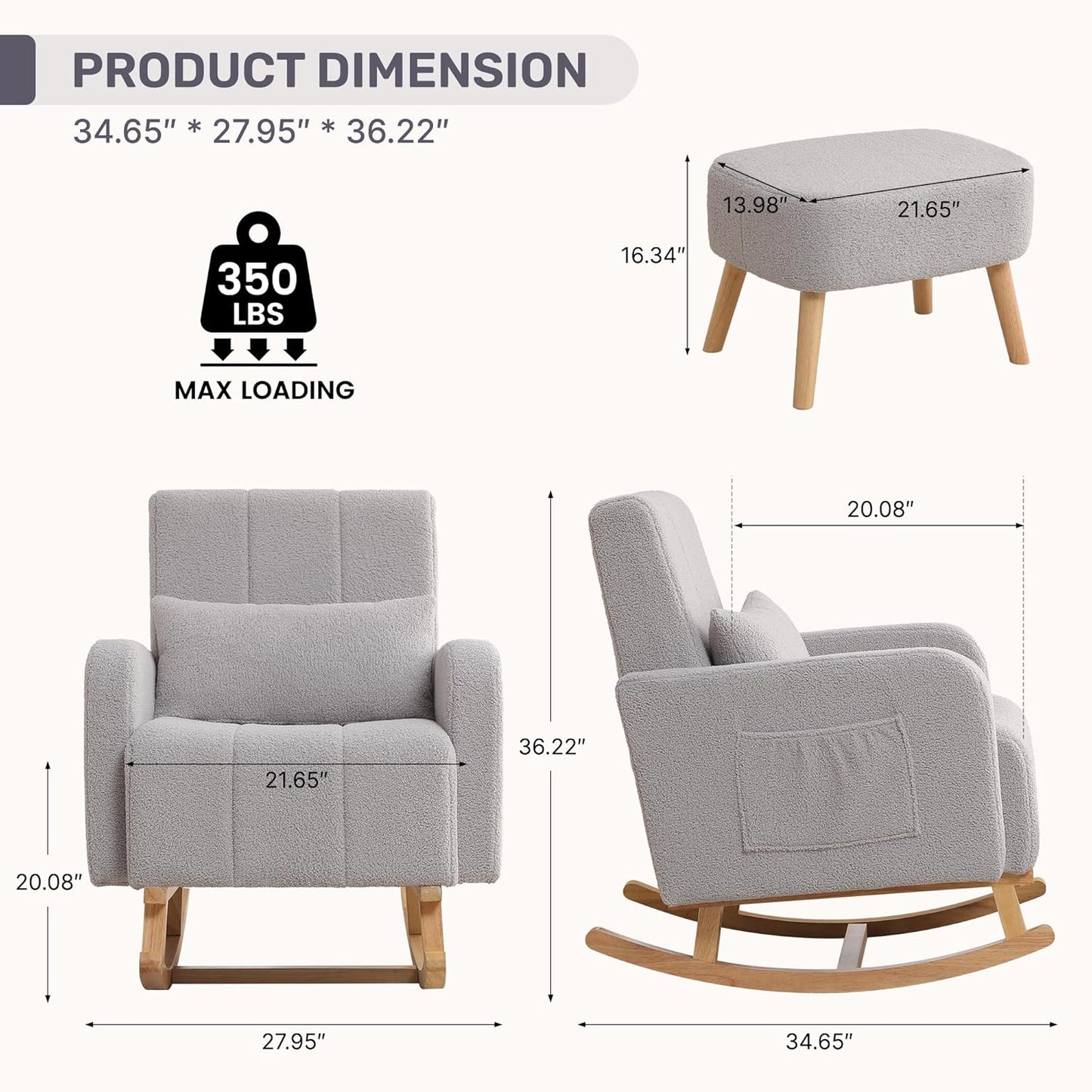 Rocking Chair with Ottoman, Upholstered Nursing Glider Rocker with High Backrest and Side Pocket, Comfy Reading Chair with Solid Wood Legs for Nursery/Living Room/Bedroom Light Grey