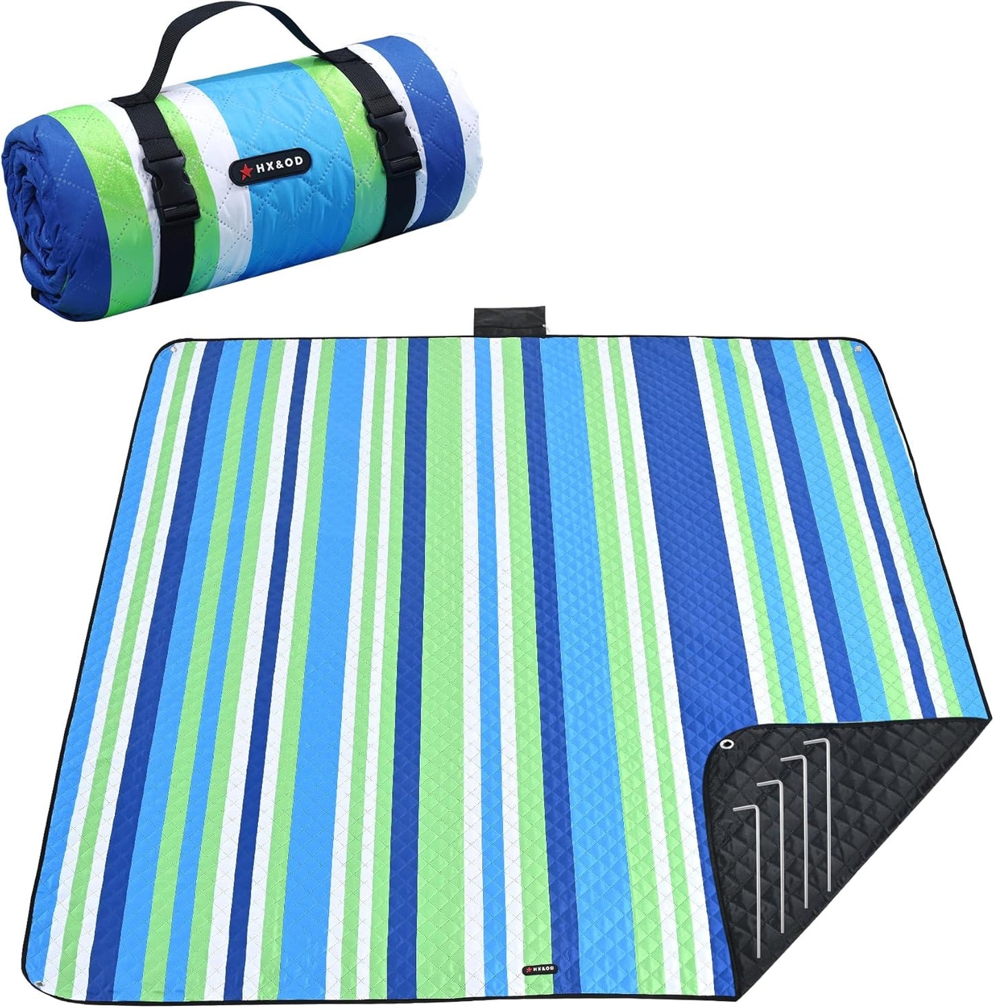 HX&OD Outdoor Picnic Blanket Extra Large, 80''*60'' Waterproof Picnic Mat with Stakes Foldable Camping Blanket Portable with Carry Strap for Beach Mat (Green& White, 80''*60'')