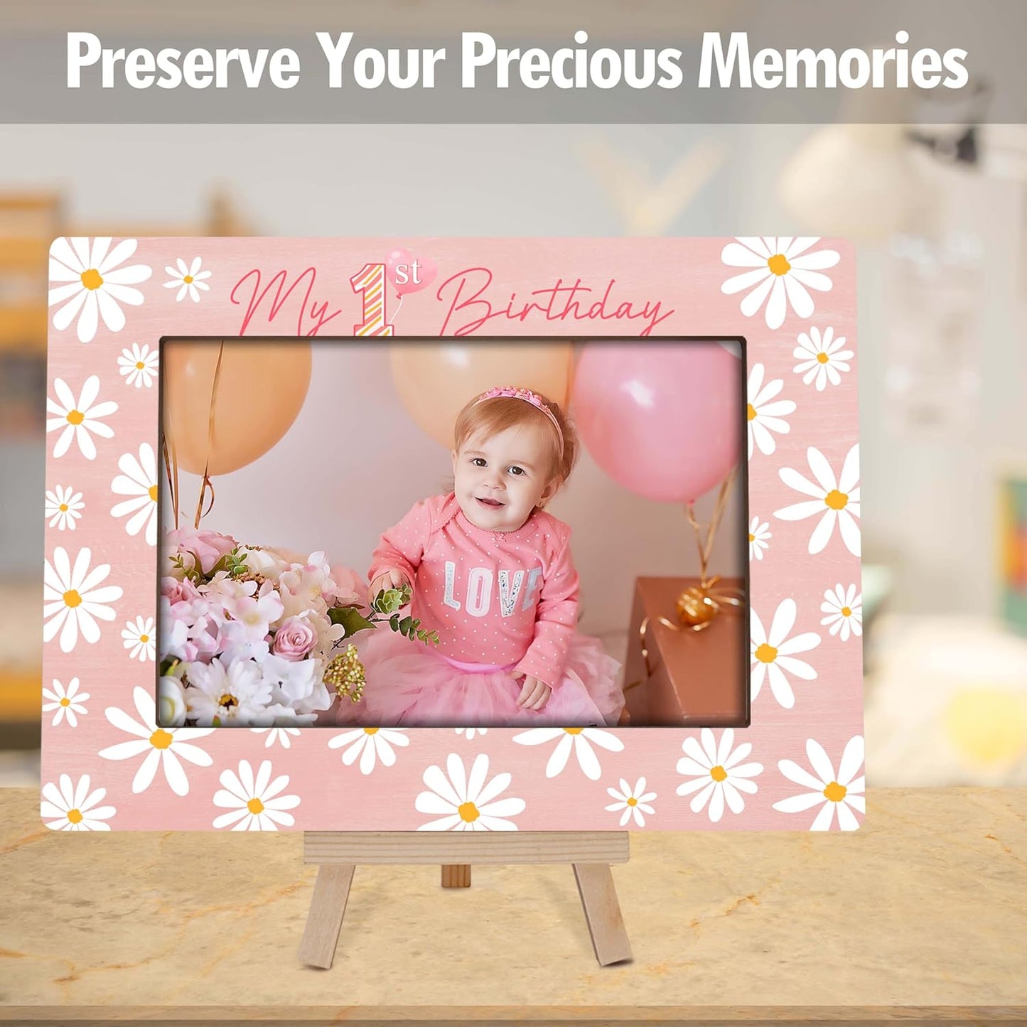My 1st Birthday Picture Frames, Daisy Wooden 4x6 Photo Frame with Easel, Baby First Year Birthday Gifts for Home Office Tabletop Display Decorations - G01