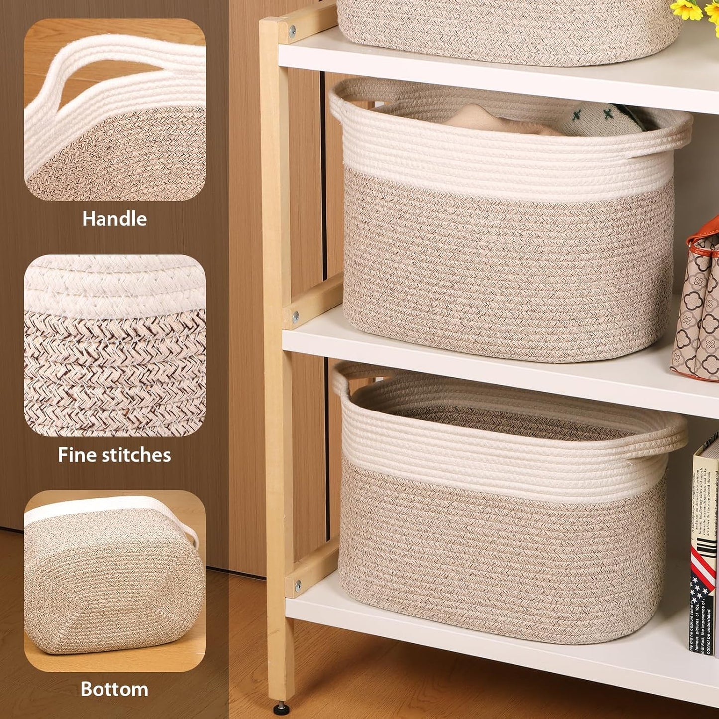 Kntiwiwo Storage Baskets for Organizing 14.7”x11”x9.6” Rope Storage Baskets for Shelves with Handles, Decorative Closet Baskets & Bins, Large Woven Baskets for Storage, White & Brown