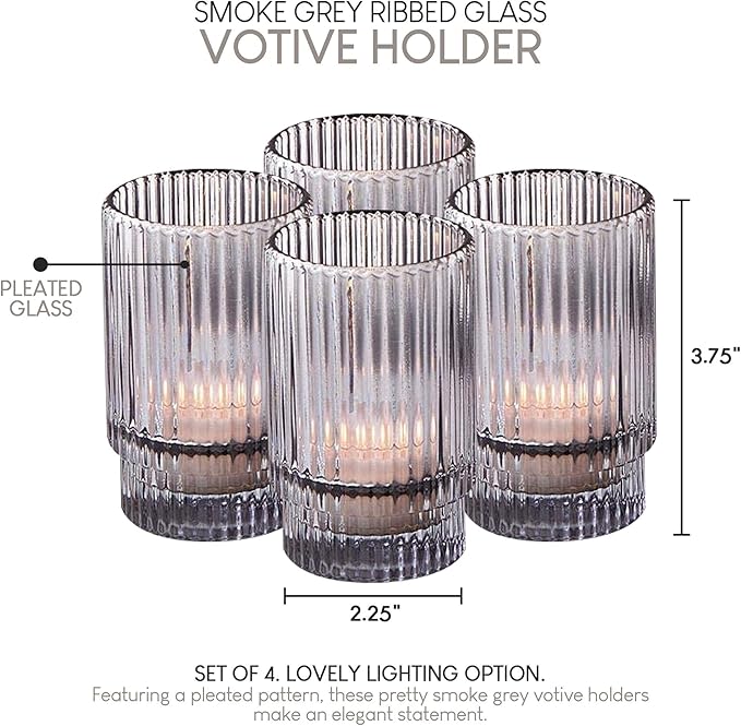 Serene Spaces Living Set of 4 Short Smoke Grey Ribbed Glass Votive Holder, Perfect for Weddings and Home Décor, Measures 3.75" Tall and 2.25" Diameter
