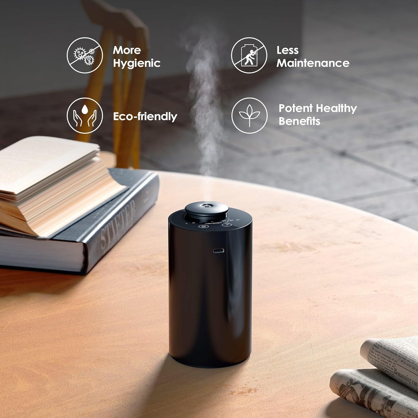 Waterless Diffuser for Essential Oil, Battery Operated Nebulizer, 0.7 Fl.Oz./ 20mL Capacity, Mini Scent Air Machine, 3 Countdown Timers & 3 Mist Levels for Home, Room, Car, Office - AN6 Black